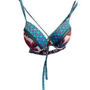Shade & Shore 36DD Teal Floral Geometric Underwire Bikini Top Longline Swimwear